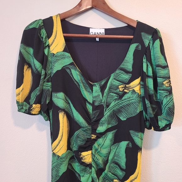 Ganni Banana Print Ruched Mini Dress - Picture 5 of 10